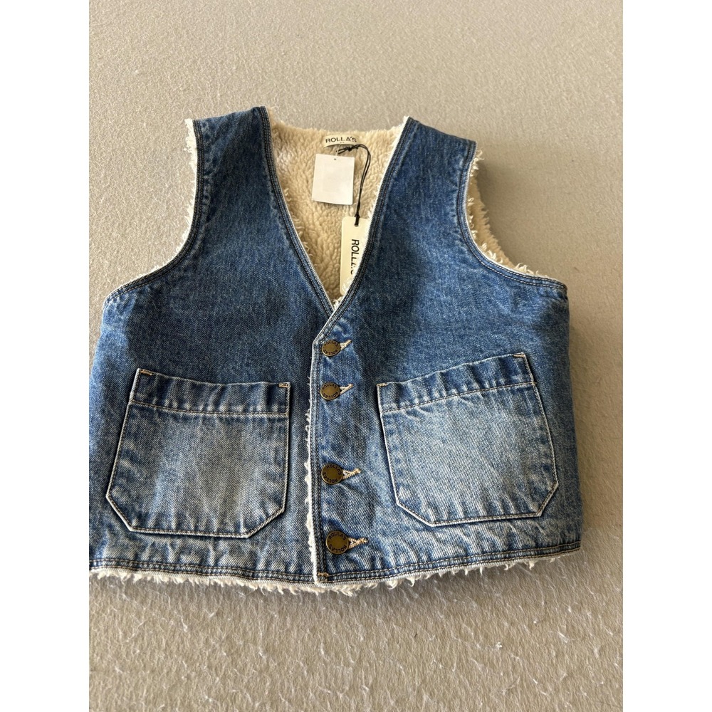 Rolla's Vest Womens Small Blue Denim Sherpa Lined Button Front Pockets Warm